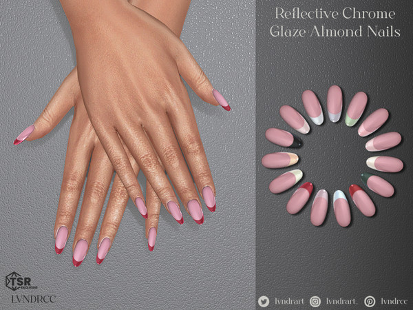 Sims 4 — Reflective Chrome Glaze Almond Nails by LVNDRCC — French manicure nails with a subtle, reflective sheer chrome