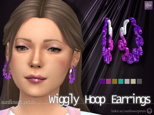 Sims 4 — Wiggly Hoop Earrings by SunflowerPetalsCC — A pair of misshapen hoop earrings in 7 bright colors. BGC