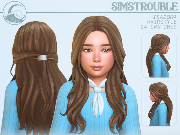 Sims 4 — simstrouble_ChildHair_IsadoraV3 by simstrouble — A half-up wavy hairstyle. Loose curls cascade down, while a