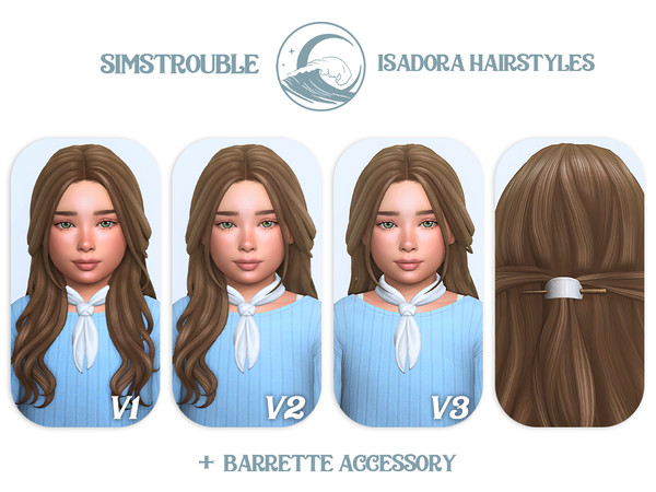 Sims 4 — simstrouble_ChildHair_IsadoraV2 by simstrouble — A half-up wavy hairstyle. Loose curls cascade down, while a