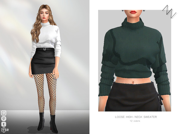 Sims 4 — LOOSE HIGH-NECK SWEATER by ZNsims — loose, high-neck, sweater, wavy, high-waisted