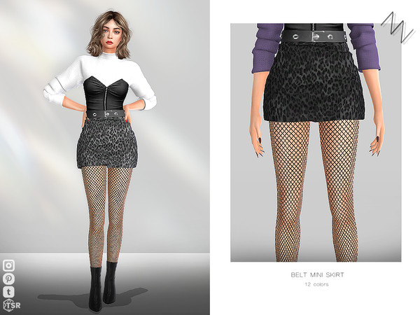 Sims 4 — BELT MINI SKIRT by ZNsims — belt, short skirt, high waist, leopard print, black stockings