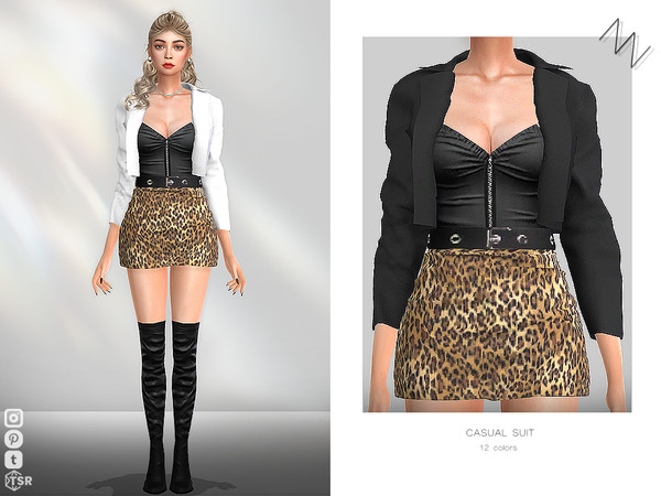Sims 4 — CASUAL SUIT by ZNsims — leopard print, short skirt, coat, deep neckline, corset