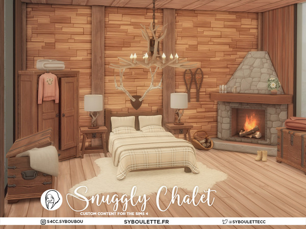 Sims 4 — SYB Snuggly Chalet - Corner Fireplace by Syboubou — Snuggly Chalet is a warm and rustic bedroom cc set made for