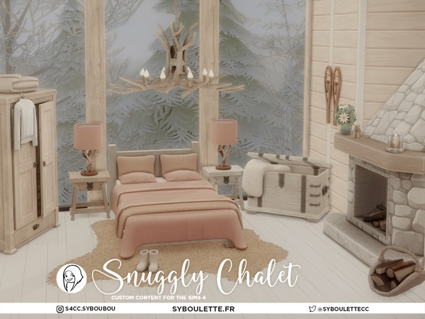 Sims 4 — SYB Snuggly Chalet - Double Bed by Syboubou — Snuggly Chalet is a warm and rustic bedroom cc set made for winter