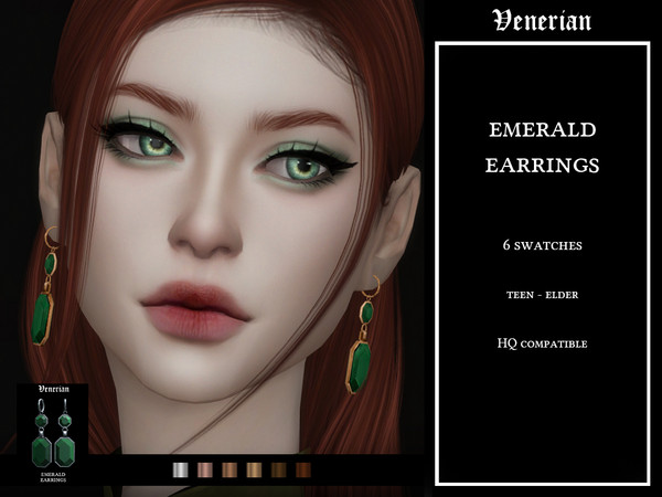 Sims 4 — Emerald Earrings by Venerian by Venerian — 6 different metal color swatches Teen to Elder Feminine fashion