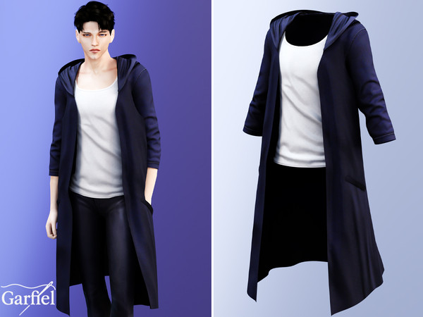 Sims 4 — Adult - Sung Jin-Woo - Long hooded layered top by Garfiel — A long layered hooded top with a clean modern