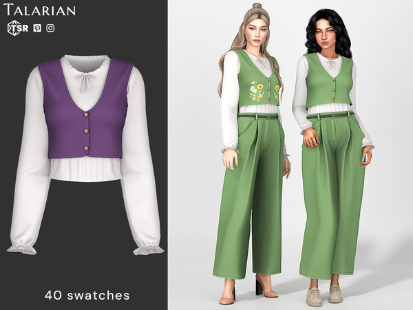 Sims 4 — Cleo Buttoned Vest Over Long Sleeve Blouse by talarian — Layered top featuring a fitted buttoned vest worn over