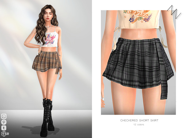 Sims 4 — CHECKERED SHORT SKIRT by ZNsims — check pattern, short skirt, ribbons, high waist, umbrella skirt
