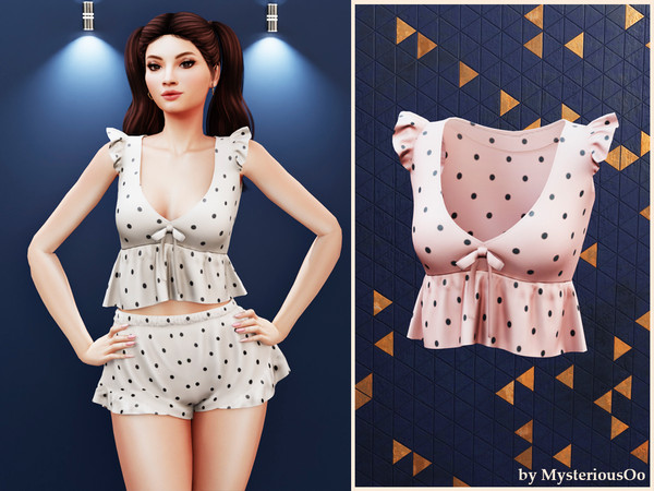 Sims 4 — Polka dot ruffle pajama top by MysteriousOo — Light cropped top with ruffles and bow detail