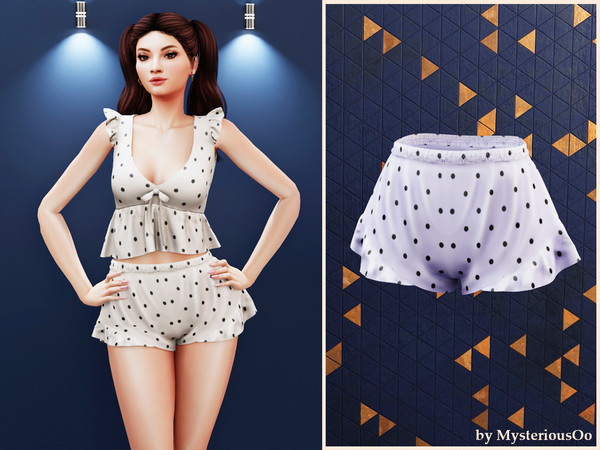 Sims 4 — Polka dot ruffle pajama shorts by MysteriousOo — Soft high-waisted shorts with relaxed fit