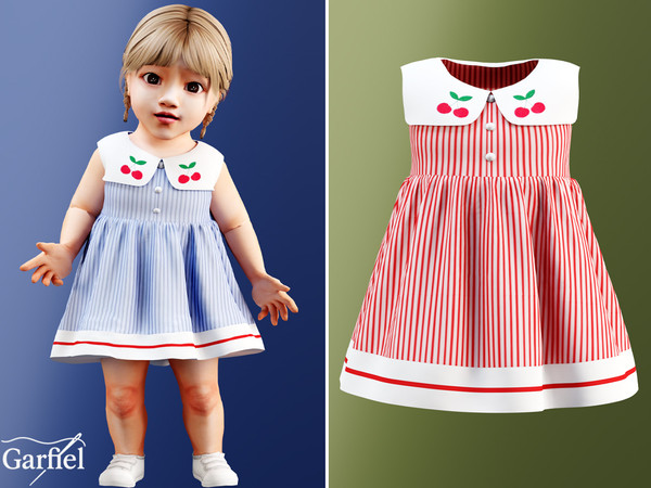 Sims 4 — Infant - Vintage cherry summer dress by Garfiel — Sweet infant dress with vertical stripes, a wide contrast hem,