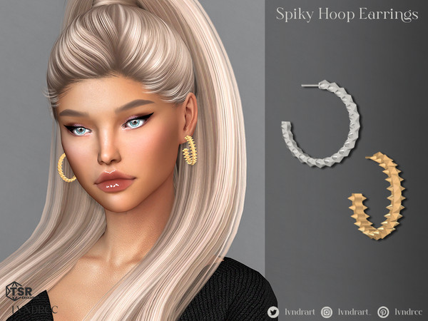 Sims 4 — Spiky Hoop Earrings by LVNDRCC — Medium hoops inlaid with metal spikes and pyramid studs. In gold and silver,