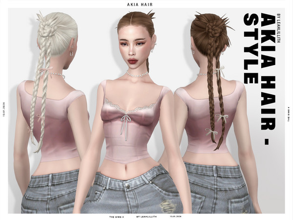 Sims 4 — Akia Braided Bun Hairstyle by Leah_Lillith — The bows are an optional accessory and can be found in HATS,