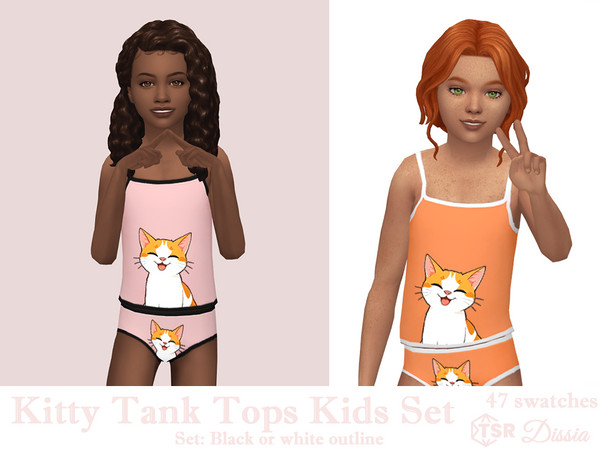 Sims 4 — Kitty Tank Top Kids by Dissia — Sleepwear tank top with a cat print and black or white outline for kids