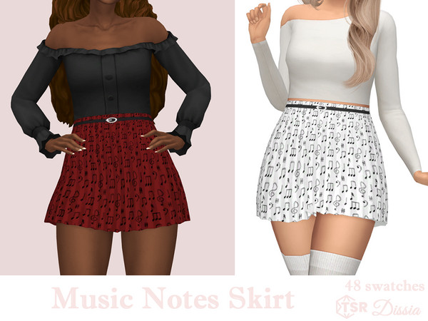 Sims 4 — Music Notes Skirt by Dissia — High waist short skirt with black belt and music notes pattern