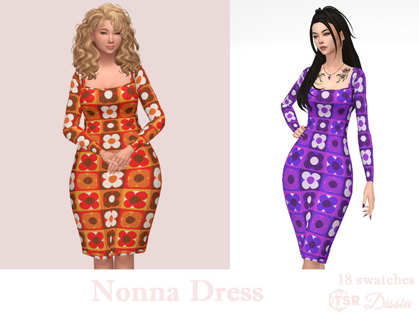 Sims 4 — Nonna Dress by Dissia — Long sleeves square cleavage retro flowers squares pattern midi dress