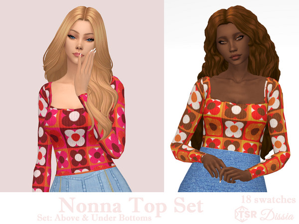 Sims 4 — Nonna Top v2 (Above Bottoms) by Dissia — Long sleeves square cleavage retro flowers squares pattern top