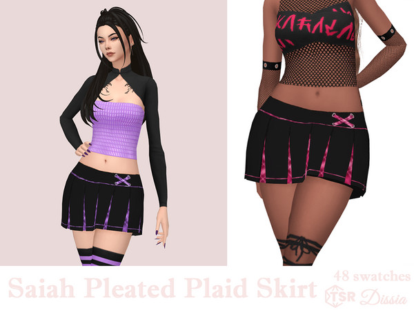 Sims 4 — Saiah Pleated Plaid Skirt by Dissia — Low waist black short pleated skirt with plaid parts