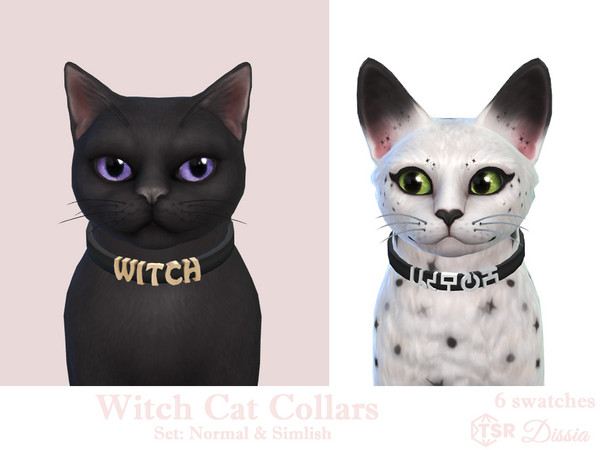 Sims 4 — Witch Cat Collars Set by Dissia — Cat black collar with normal or simlish "WITCH" part
