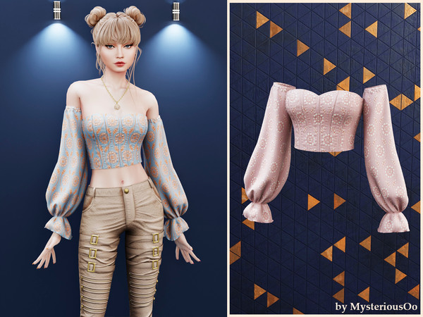 Sims 4 — Off-shoulder puff sleeve top by MysteriousOo — Off-shoulder cropped top with voluminous long sleeves