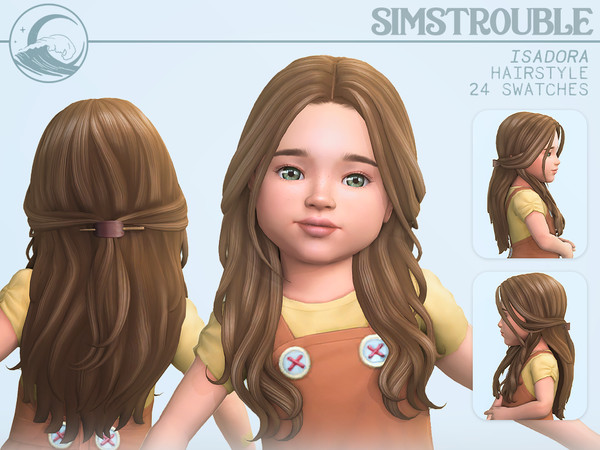 Sims 4 — simstrouble_ToddlerHair_IsadoraV3 by simstrouble — A half-up wavy hairstyle. Loose curls cascade down, while a