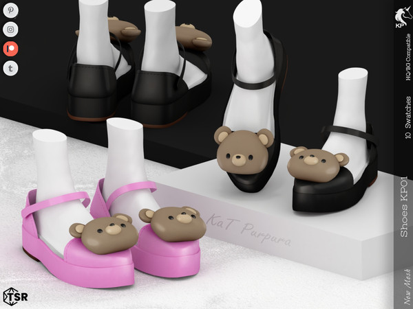 Sims 4 — Shoes KP01- Female by KaTPurpura — Flat shoes with a ribbon over the foot and a bear on the toe