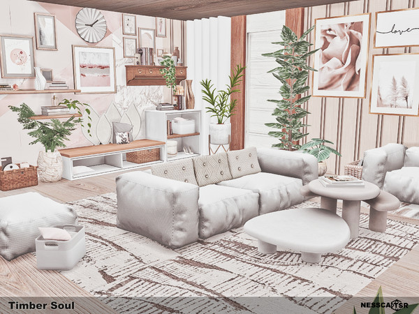 Sims 4 — Timber Soul by Nessca — Timber Soul is a charming, bright living room. It features numerous placs to sit and