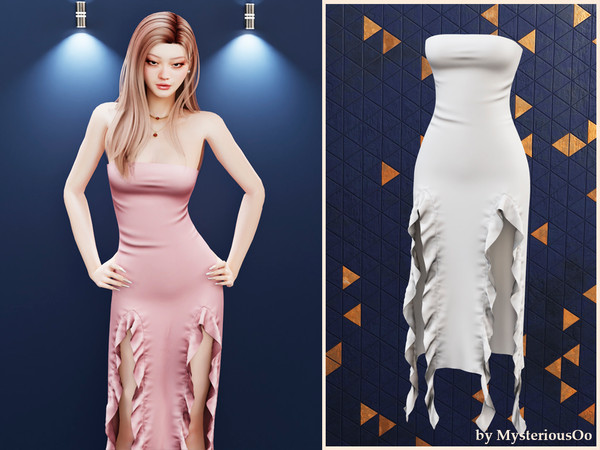 Sims 4 — Strapless ruffle slit dress by MysteriousOo — Strapless fitted dress with high slits and ruffle details