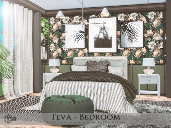Sims 4 — Teva - Bedroom by Rirann — Teva is a cozy bedroom in green, grey, light brown and white colors