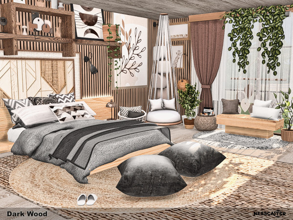 Sims 4 — Dark Wood by Nessca — Dark Wood is a luxurious and highly functional bedroom. This space offers a perfect