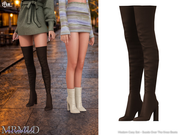 Sims 4 — MERMALADE Modern Cozy Set Suede Over The Knee Boots S674 by Mermalade — Modern Cozy Ribbed Wrap Knit Top