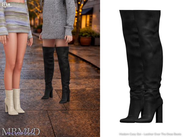 Sims 4 — MERMALADE Modern Cozy Set Leather Over The Knee Boots S675 by Mermalade — Modern Cozy Ribbed Wrap Knit Top