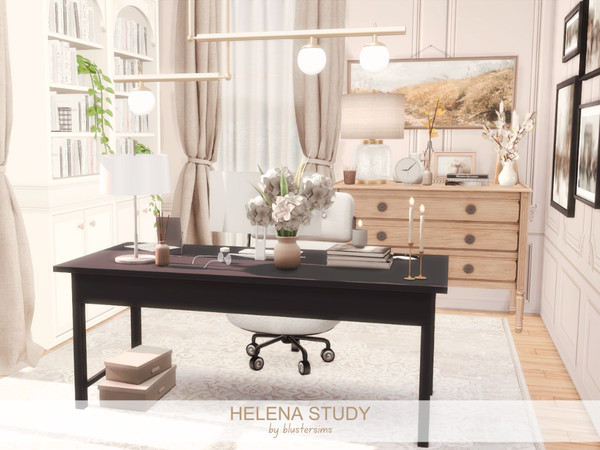 Sims 4 — Helena Study by BlusterSims — The Helena Study is a light-filled, elegant home office blending soft neutrals,