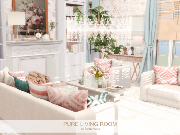 Sims 4 — Pure Living Room by BlusterSims — The Pure Living Room is a bright, serene space with soft pastels, cozy cream