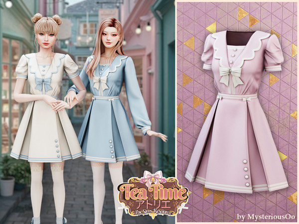Sims 4 — Tea Time - Sweet scalloped bow dress by MysteriousOo — This sweet vintage-inspired dress features a structured