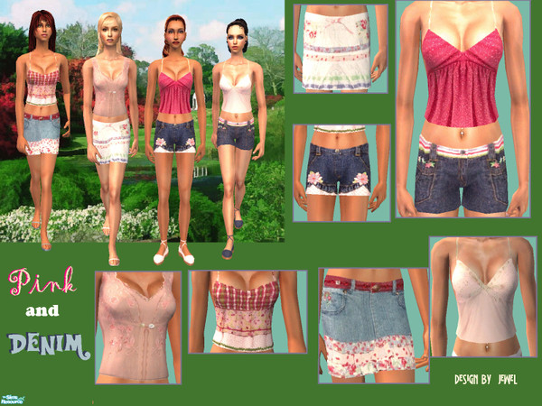 Sims 2 — Pink and Denim  by JewelRolls — Four tops, two skirts, and two pair of shorts in denim and shades of pink.