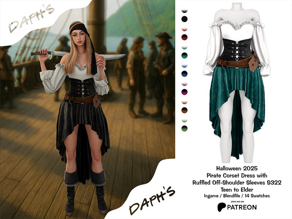 Sims 4 — PATREON - Pirate Corset Dress with Ruffled Off-Shoulder Sleeves S322 by Daph's — A fantasy-inspired pirate