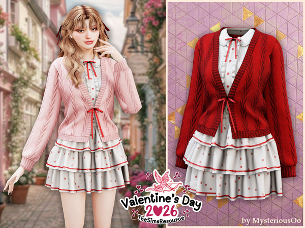 Sims 4 — Sweet vintage ribbon outfit by MysteriousOo — This outfit combines a cozy knit cardigan with a flowy layered