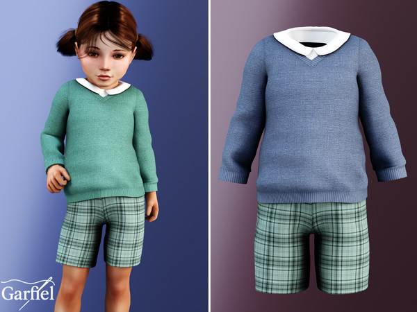Sims 4 — Toddler - Knit sweater with plaid shorts and collar by Garfiel — A cozy everyday outfit designed for toddlers,