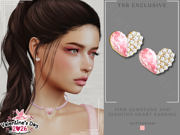Sims 4 — Pink Gemstone Diamond Heart Earring by Glitterberryfly — A pink half a heart gemstone with diamond clusters