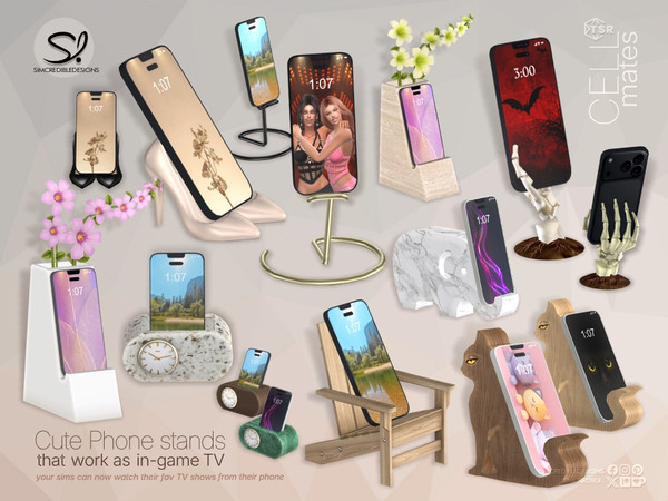 Sims 4 — Cell Mates by SIMcredible! — Cell mates is a set with 8 different models of Cell phone stands. They are all