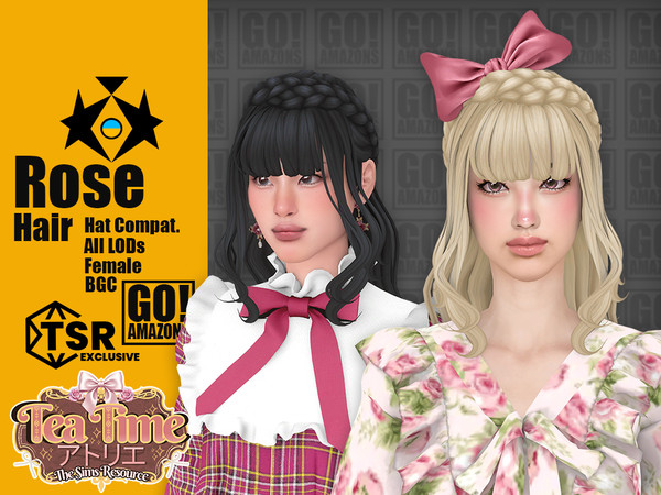 Sims 4 — Rose Hair (Tea Time Atelier) by GoAmazons — Long wavy hairstyle with bangs and braid for female frame in maxis
