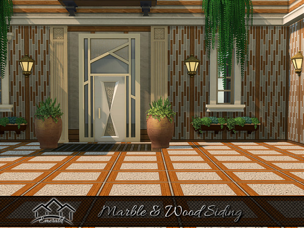 Sims 4 — Marble & Wood Siding 1 by Emerald — Get the perfect pairing when using wood and marble. These panels with