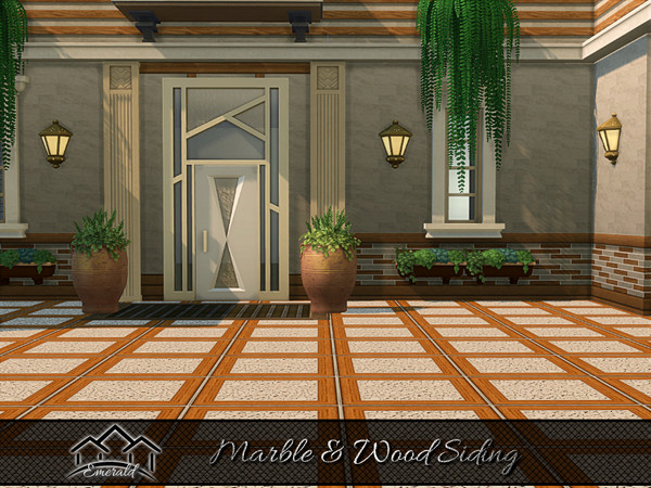 Sims 4 — Marble & Wood Siding 3 by Emerald — Get the perfect pairing when using wood and marble. These panels with