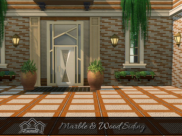 Sims 4 — Marble & Wood Siding 5 by Emerald — Get the perfect pairing when using wood and marble. These panels with