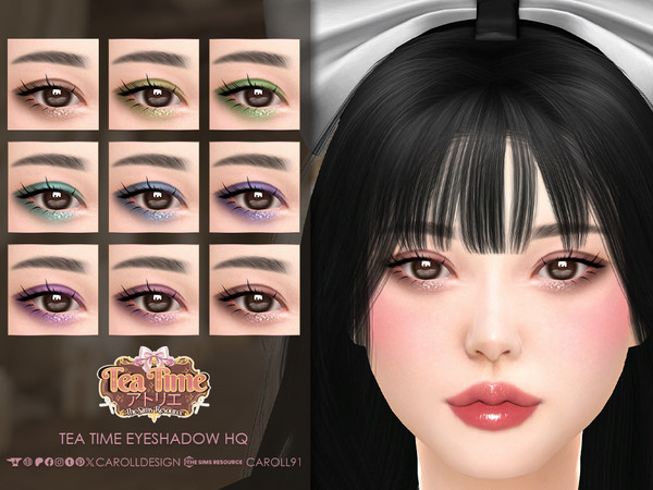 Sims 4 — Tea Time Eyeshadow HQ by Caroll912 — A 9-swatch soft eyeshadow with glitters and puppy-style black eyeliner in