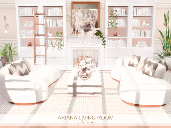 Sims 4 — Ariana Living Room by BlusterSims — The Ariana Living Room is a bright, airy space with curved cream sofas,
