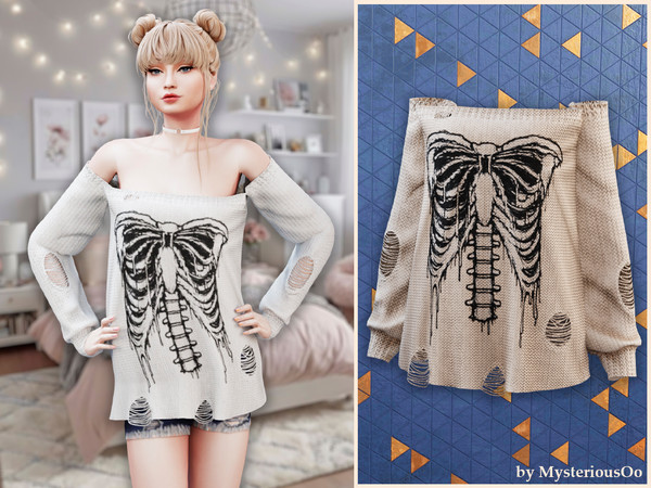 Sims 4 — Skeleton off shoulder sweater by MysteriousOo — Off-shoulder sweater with distressed knit and skeleton