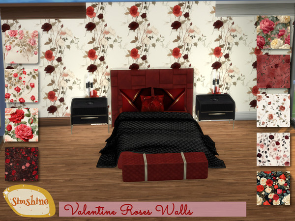 Sims 4 — Simshine rose wallpapers by Sim_shine — Wallpaper with varied rose patterns without trim, brown wood, and white